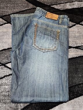 HELIX EMBROIDERED STUDDED STRAIGHT LEG SIDE SLIT DENIM JEAN 34/32